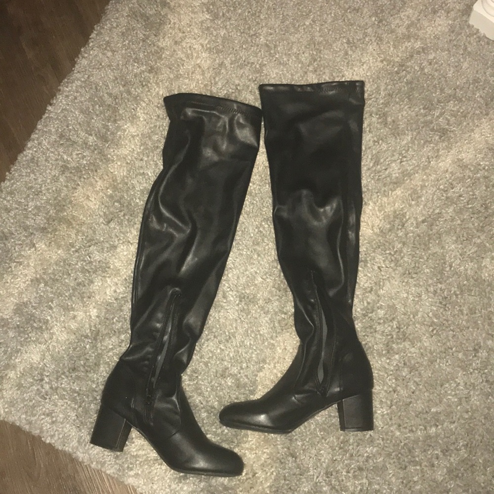 black leather thigh-high boots